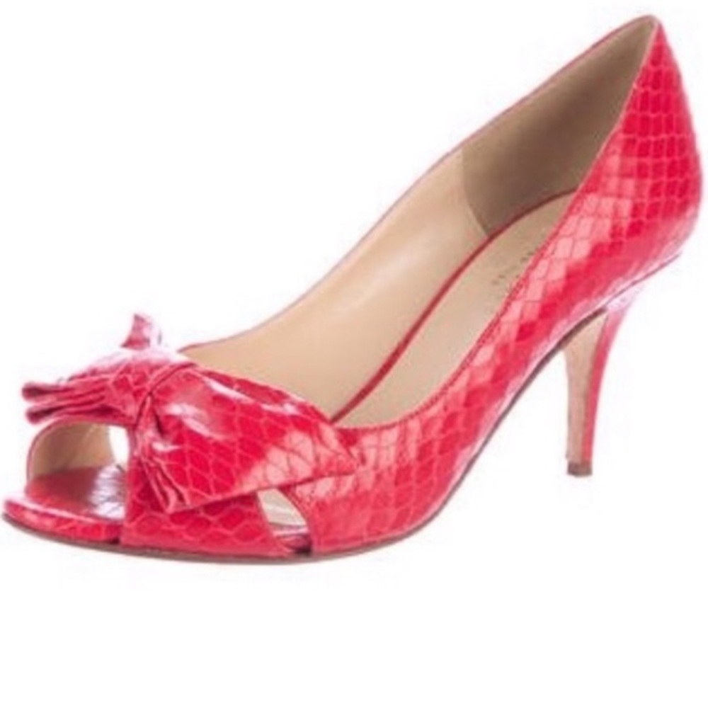 KATE SPADE Embossed Red Bow Peep Toe Heels